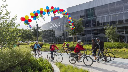Google employees arriving after bicycling to work at the Googleplex in Mountain View, CA.