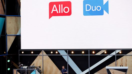 Erik Kay, engineering director at Google, introduces Allo and Duo on stage during the Google I/O 2016 developers conference in Mountain View, California May 18, 2016