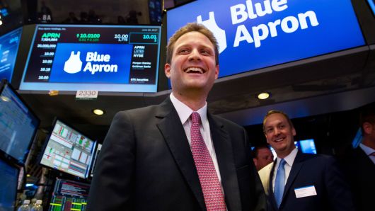 Matt Salzberg, co-founder and chief executive officer of Blue Apron Holdings Inc., smiles during the company's initial public offering on the floor of the New York Stock Exchange, June 29, 2017.