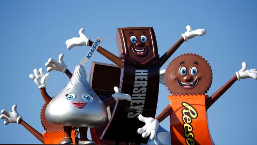 Hershey Co. candy mascots stand outside of the company's Chocolate World visitor center in Hershey, Pennsylvania.
