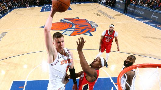 Kristaps Porzingis #6 of the New York Knicks goes to the basket against the New Orleans Pelicans on January 14, 2018 at Madison Square Garden in New York.