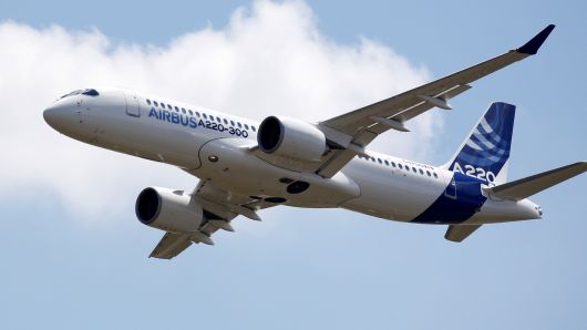 An Airbus A220-300 aircraft, a new brand for the CSeries passenger jet acquired from Canada's Bombardier, flies during its unveiling in Colomiers near Toulouse, France, July 10, 2018.