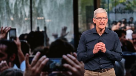 Tim Cook, chief executive officer of Apple,  speaks during an event at the Steve Jobs Theater at Apple Park on September 12, 2018 in Cupertino, California. 