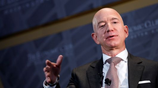 Jeff Bezos, president and CEO of Amazon and owner of The Washington Post, speaks at the Economic Club of Washington DC's "Milestone Celebration Dinner" in Washington, U.S., September 13, 2018. 