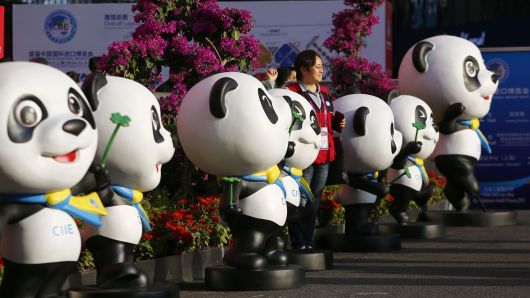 Giant Panda statues at the China International Import Expo (CIIE) — held from  Nov. 5 to Nov. 10, 2018  at the National Exhibition and Convention Center in Shanghai, China. 