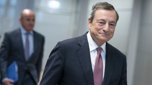 Mario Draghi, president of the European Central Bank (ECB), arrives for the ECB rate decision news conference in Frankfurt, Germany, on Thursday, Sept. 13, 2018. 