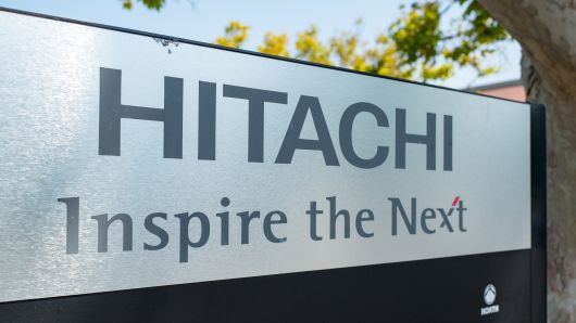 Signage at the Silicon Valley headquarters of Japanese multinational conglomerate Hitachi, Santa Clara, California, which is reportedly due to announce Dec. 17, 2018 a plan to buy the Swiss engineering group ABB's power grid business.