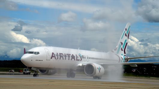 A view of the Boeing 737 Max plane of Air Italy during the unveiling of Air Italy's Boeing 737 Max at Malpensa airport on May 14, 2018 in Varese, Italy.