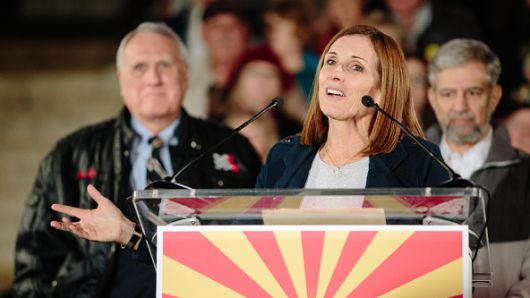 Martha McSally, Republican U.S. Senate candidate from Arizona, speaks during a campaign rally outside the Historic Yavapai County Courthouse in Prescott, Arizona, U.S., on Monday, Nov. 5, 2018. Surging turnout has both Republicans and Democrats proclaiming they stand to benefit, as polls show tight races up and down the ballot that will determine control of Congress, state houses and governors mansions nationwide. Photographer: Caitlin O'Hara/Bloomberg via Getty Images