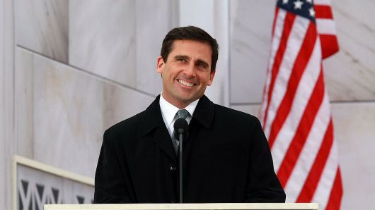 Actor Steve Carell speaks on stage during the 'We Are One: The Obama Inaugural Celebration At The Lincoln Memorial' on January 18, 2009 at the National Mall in Washington, DC.