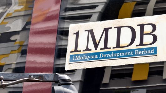 Logo of 1MDB (1Malaysia Development Berhad) on a bus window in Kuala Lumpur, Malaysia.