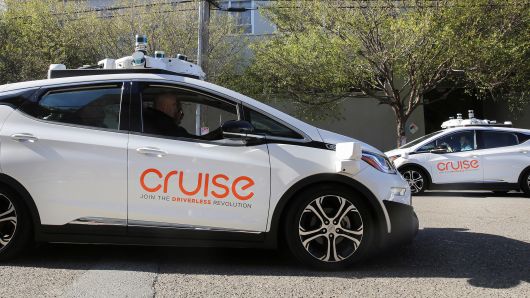 Two self-driving Chevy Bolt EV cars are seen during a media event by Cruise, GM’s autonomous car unit, in San Francisco, California, U.S. November 28, 2017.