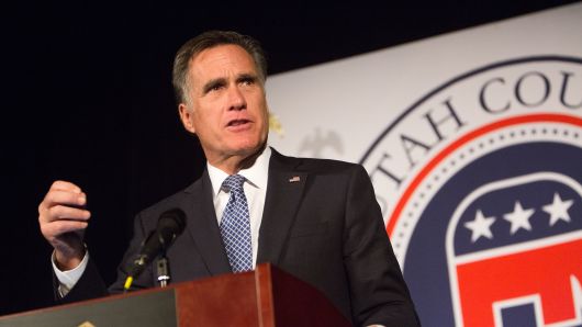Mitt Romney speaks during a keynote address at the Utah County Republican Party Lincoln Day Dinner in Provo, Utah, U.S., on Feb. 16, 2018.