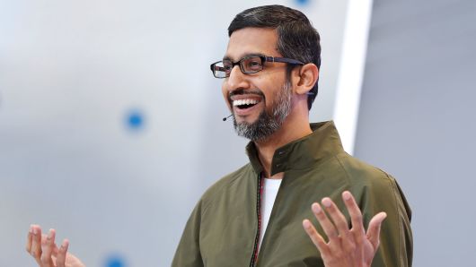 Google CEO Sundar Pichai speaks onstage during the annual Google I/O developers conference in Mountain View, California, May 8, 2018.