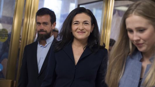 Sheryl Sandberg, Facebook COO, and Jack Dorsey, Twitter CEO, arrive to testify before a Senate Intelligence Committee hearing in Dirksen Building on the influence of foreign operations on social media on September 5, 2018.