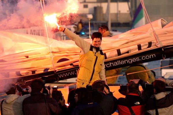 Yachtswoman Ellen MacArthur arrives in England after her record breaking finish in the Vendee Globe race.  