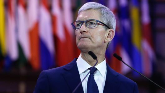 Tim Cook, CEO of Apple, speaks in Brussels, on October 24, 2018.