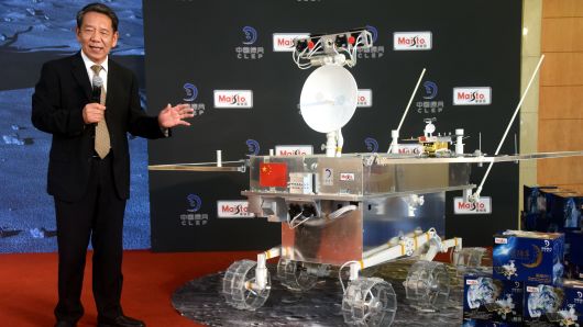 Wu Weiren, chief designer of China's lunar probe program, talks about the Chang'e-4 rover at the Diaoyutai State Guesthouse on August 15, 2018 in Beijing, China.