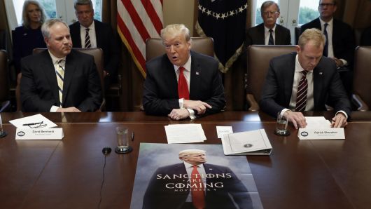 President Donald Trump speaks during a cabinet meeting at the White House, Wednesday, Jan. 2, 2019, in Washington. David Bernhardt, Acting Secretary of Interior, is left and Patrick Shanahan, Acting Secretary of Defense, is right.