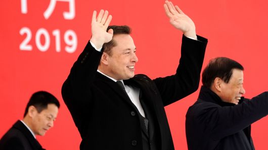 Tesla CEO Elon Musk and Shanghai's Mayor Ying Yong attend the Tesla Shanghai Gigafactory groundbreaking ceremony in Shanghai, China January 7, 2019.