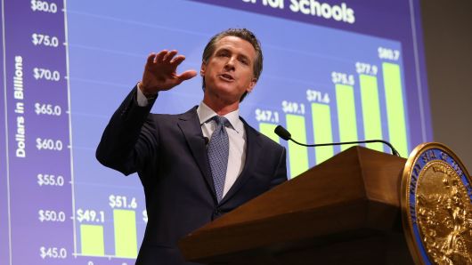 California Gov. Gavin Newsom presents his first state budget during a news conference, Thursday, Jan. 10, 2019, in Sacramento, Calif.