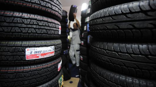 An employee works at a tire store in Hefei, China.
