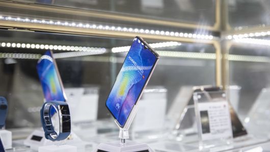 A Huawei Technologies Co. Mate20 smartphone sits on display at the company's mobile phone plant in Dongguan, China, on Tuesday, Jan. 15, 2019.