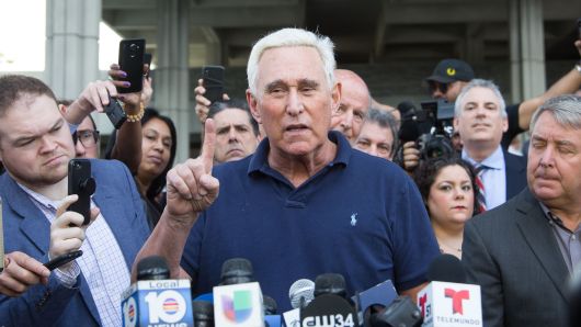Roger Stone, a longtime adviser to President Donald Trump, speaks to the media outside court January 25, 2019 in Fort Lauderdale, Florida.