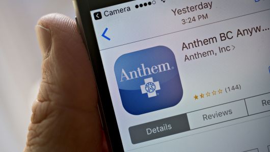 The Anthem Inc. Anthem Anywhere application is seen in the App Store on an Apple Inc. iPhone displayed for a photograph in Washington, D.C., U.S., on Saturday, April 21, 2018.