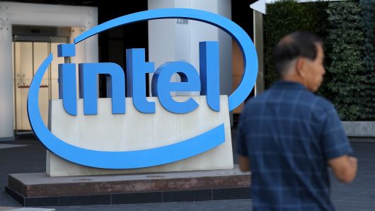 The Intel logo is displayed outside of the Intel headquarters in Santa Clara, Calif.