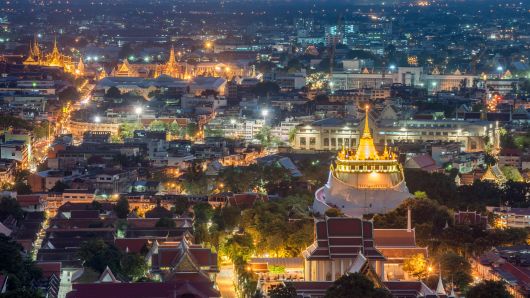 The Wat Saket (Golden Mountain) and Bangkok Grand Palace in Bangkok, Thailand.