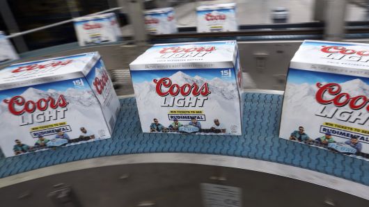 Boxed bottles of Coors Light beer, manufactured by Molson Coors Brewing Co.