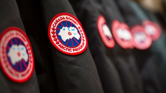 Canada Goose parkas hang on display at a store in Richmond Hill, Ontario.