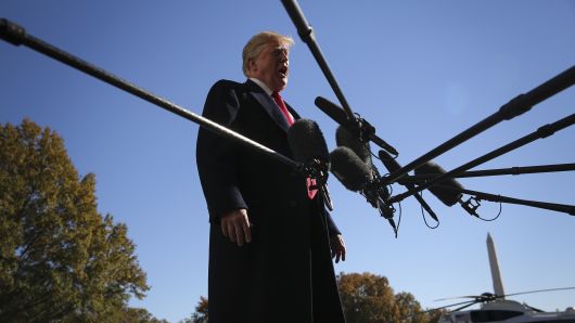 President Donald Trump speaks to members of the media on the South Lawn of the White House in Washington, D.C.