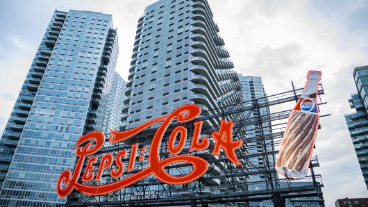 Historic Pepsi-Cola neon sign on the  Long Island City waterfront in Queens, New York City.