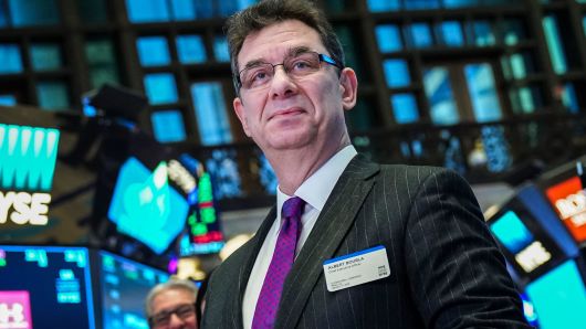 Albert Bourla, chief executive officer of Pfizer pharmaceutical company, arrives to ring the closing bell at the New York Stock Exchange, January 17, 2019.