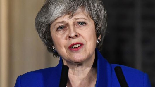 Britain's Prime Minister Theresa May makes a statement following winning a confidence vote, after Parliament rejected her Brexit deal, outside 10 Downing Street in London, Britain, January 16, 2019.