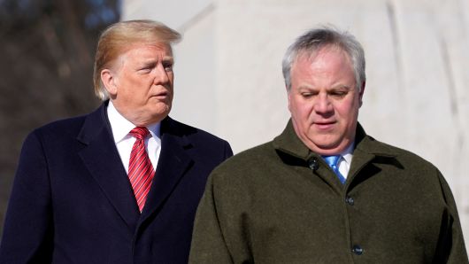 U.S. President Donald Trump and acting U.S. Secretary of Interior David Bernhardt arrive to place a wreath at the Martin Luther King Memorial in Washington, U.S., January 21, 2019.