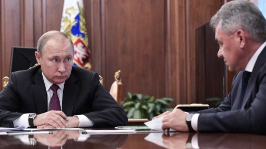 Russia's President Vladimir Putin and Russia's Defense Minister Sergei Shoigu during a meeting at Moscow's Kremlin.