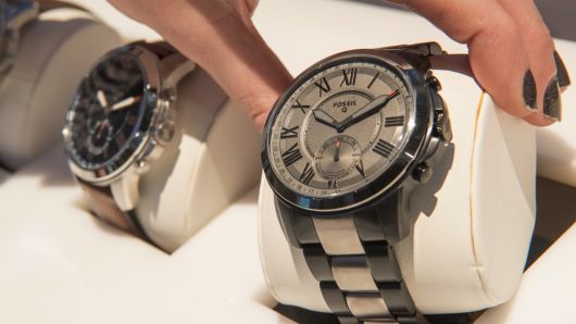 A Fossil Group Inc. Q Grant hybrid smartwatch is arranged for a photograph at the 2017 Consumer Electronics Show (CES) in Las Vegas, Nevada, U.S., on Thursday, Jan. 5, 2017.
