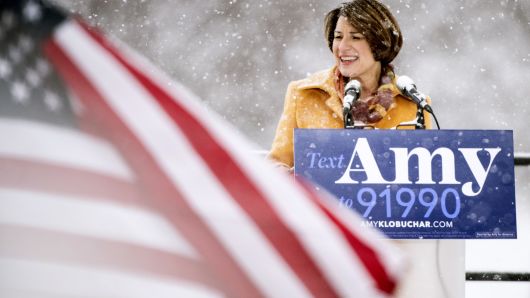 Sen. Amy Klobuchar (D-MN) announces her presidential bid in front of a crowd gathered at Boom Island Park on February 10, 2019 in Minneapolis, Minnesota.