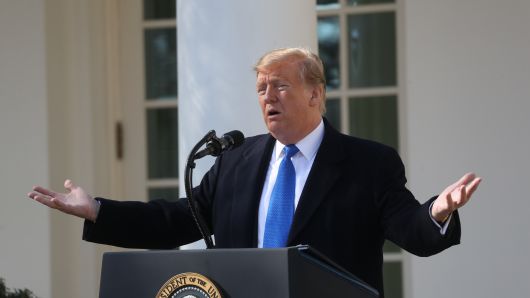 U.S. President Donald Trump speaks in the Rose Garden at the White House in Washington, D.C., U.S., on Friday, Feb. 15, 2019.