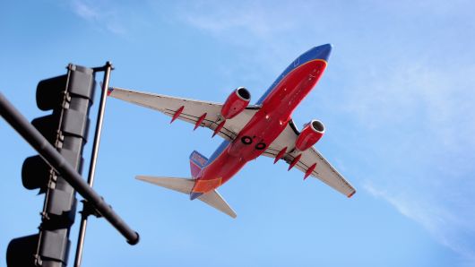 A Southwest Airlines jet leaves Midway Airport on January 25, 2018 in Chicago, Illinois.