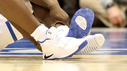 A detailed view of the shoe worn by Zion Williamson #1 of the Duke Blue Devils against the North Carolina Tar Heels during their game at Cameron Indoor Stadium on February 20, 2019 in Durham, North Carolina.