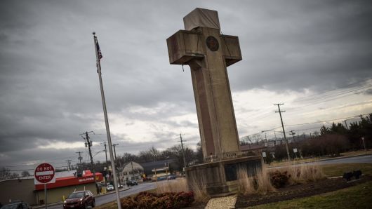 The World War I memorial cross in Bladensburg, Maryland -- near the nation's capital Washington -- is seen on February 08, 2019. The US government asked the Supreme Court to rule in favor of the cross that serves as a war memorial, which critics say is an unconstitutional state religious endorsement. Arguments are scheduled to be heard on February 27, 2019.
