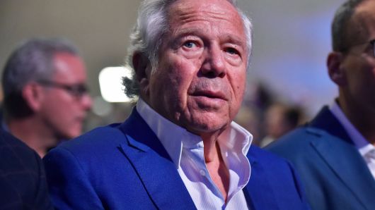 New England Patriots owner Robert Kraft listens to NFL Commissioner Roger Goodell speak to the media over various topics in the league leading up to Super Bowl LIII at the Georgia World Congress Center on January 30, 2019, in Atlanta, GA.