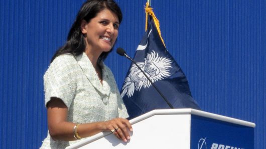 Then South Carolina Gov. Nikki Haley speaks during the dedication of Boeing Co.'s $750 million final assembly plant in North Charleston, S.C. on Friday, June 10, 2011.