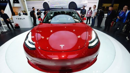 A Tesla Model 3 car is on display during the Auto China 2018 at China International Exhibition Center on April 25, 2018 in Beijing, China.