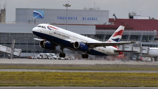 An Airbus A320 of British Airways airline takes off from the Toulouse-Blagnac airport, near Toulouse, on October 19, 2017.