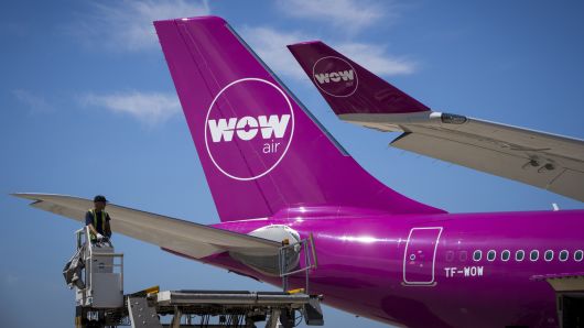 A Wow plane on the tarmac of Roissy-Charles de Gaulle Airport, north of Paris. (
